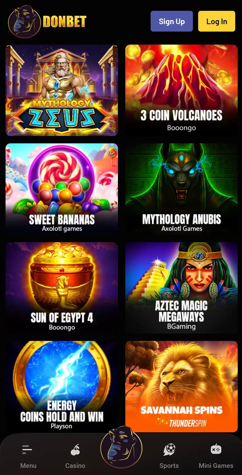 DonBet in app games selection